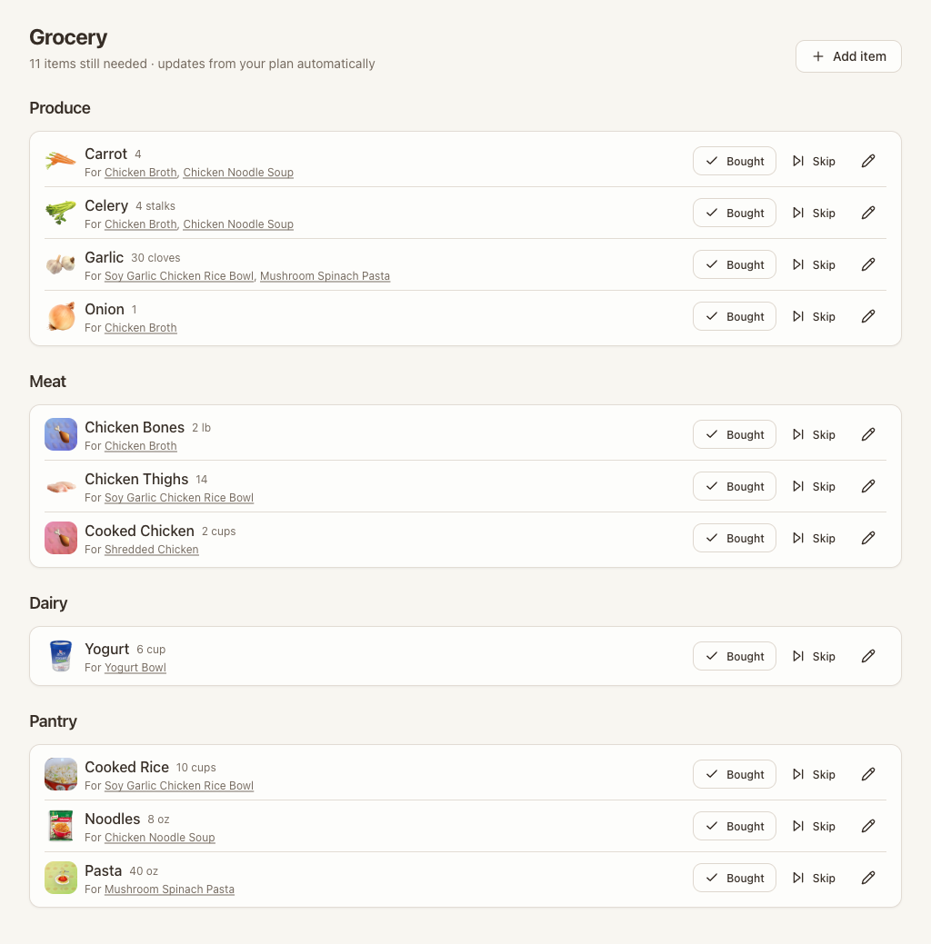 Save for Dinner grocery list grouped by aisle, each item showing the recipe it's for.